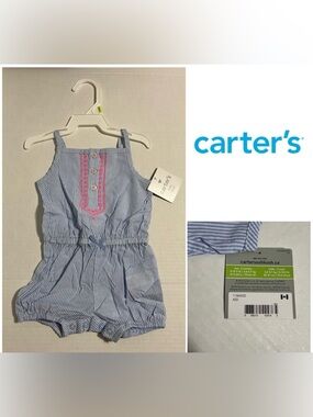 🆕CARTER’S - 3M - NWT - INFANT GIRLS BLUE WHITE STRIPE ROMPER